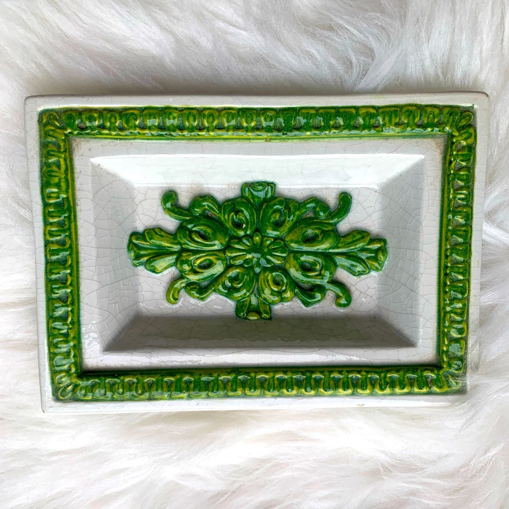 Green and White Decorative MCM Vintage Italian Dish Made In Italy